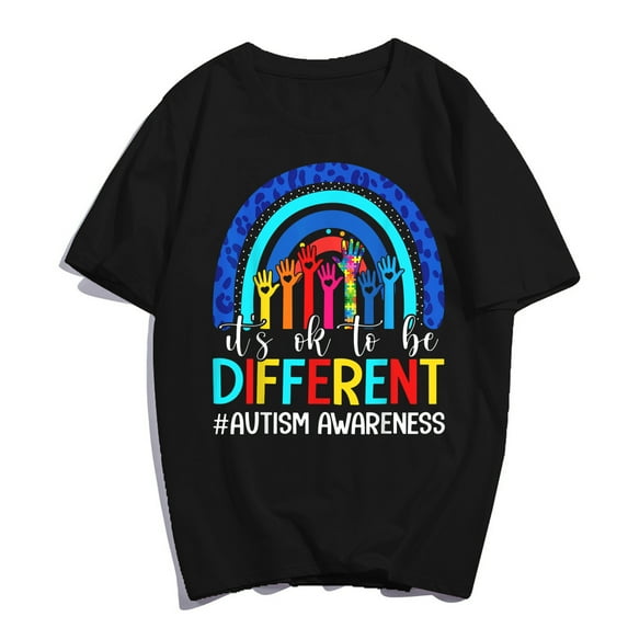 It's Ok To Be Different Autism Awareness T-Shirt Rainbow Hand Women Men Shirts Casual Summer Tops Gift Tee Black X-Large