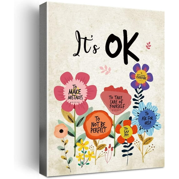 It''s Ok Wall Art Canvas,Inspirational Quotes Framed Canvas Wall Art for Kids Girls Room Wall Decor,Encouragement Gifts for Girls Daughter-Flower