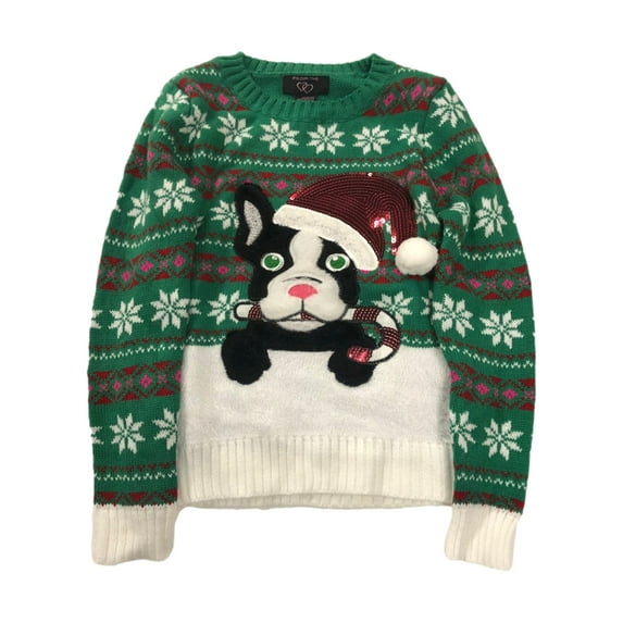 It's Our Time Girls Green Sequin Santa Dog Holiday Christmas Sweater Medium 8-10