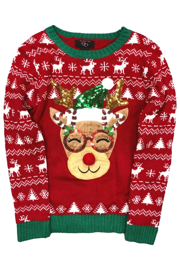 It's Our Time Girls Red Sequin Reindeer Elf Holiday Christmas Sweater XL(14-16)