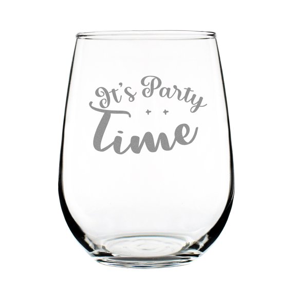 It's Party Time Stemless Wine Glass, Hand Engraved Etched 17oz Unique Glass Gift
