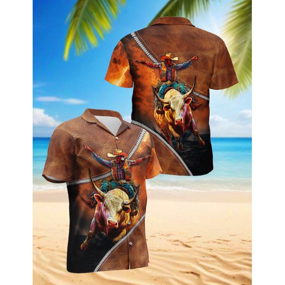 It's Rodeo Time Bull Riding Hawaiian Shirt for Men, Western Rodeo Style, Button Down Summer Beach Short Sleeve, S-5XL