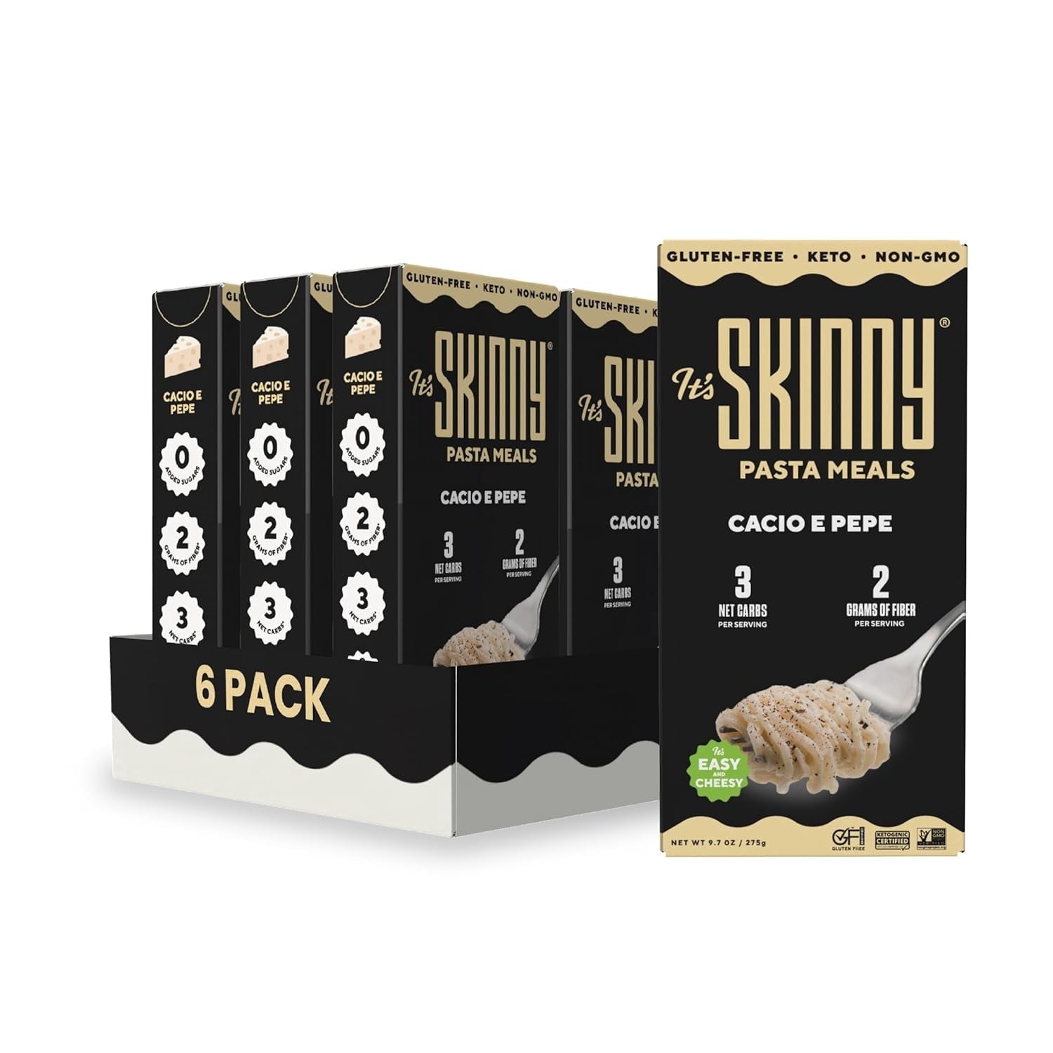It’s Skinny Cacio e Pepe – Low Carb Pasta, Gluten Free,Non-GMO, Keto-Friendly, Only 3 Net Carbs & 2g Fiber per Serving, Organic Parmesan & Pecorino Romano Cheese Sauce, Ready in 5 Minutes (6 Packs)