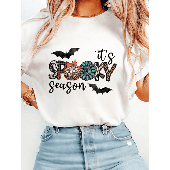 It's Spooky Season Print T-shirts Happy Halloween Tops Ghost Pumpkins Graphic Tees Short Sleeve Casual Cotton Shirts for Daily Outfits White,S