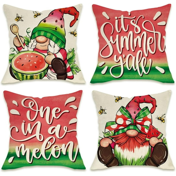 It''s Summer Y''all Gnome Decorative Throw Pillow Covers 18 x 18 Set of 4, Watermelon One in A Melon Red Green Porch Patio Outdoor Pillowcase, Bee Seasonal Sofa Couch Cushion Case Home Decor