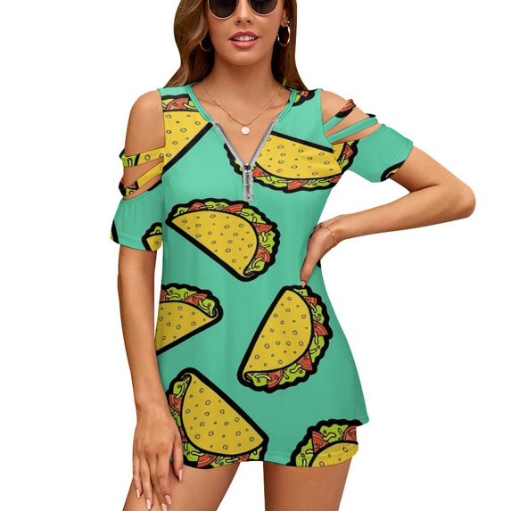 It's Taco Time! Womens Summer V Neck Zipper Top Short Sleeve T Shirt Off Shoulder Top Casual Classy Loose Shirts