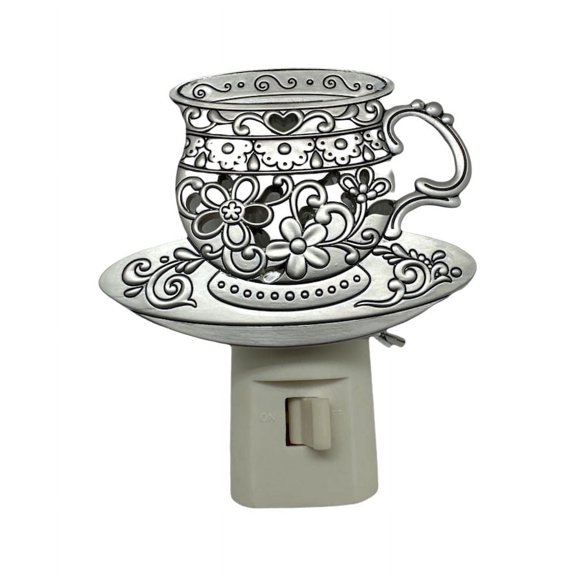 It's Tea Time metal tea cup and saucer with flower and heart engraved night light