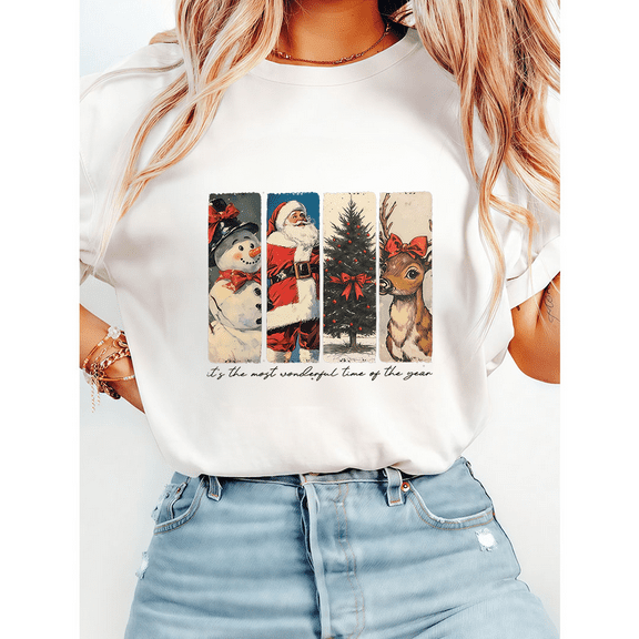 It's The Most Wonderful Time Christmas Shirts Women Santa Snowman Reindeer Print Tshirts Xmas Graphic Tees Holiday Short Sleeve Tops White,4XL