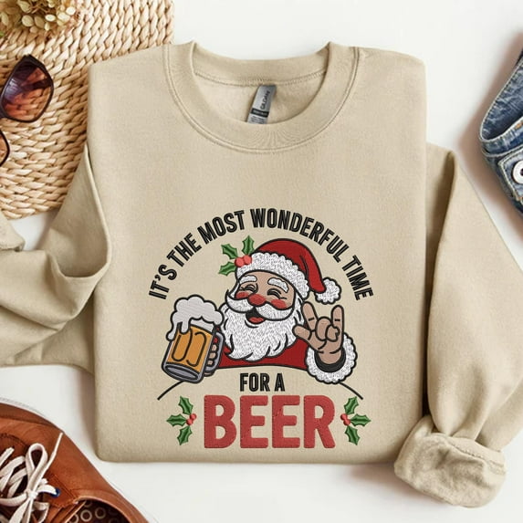 It's The Most Wonderful Time For A Beer Embroidered Sweatshirt, Christmas Santa Witch Beer Embroidered Shirt, Vintage Christmas Gift