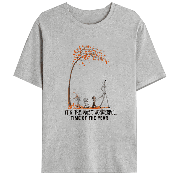 It's The Most Wonderful Time Of The Year Print T-shirts Vintage Halloween Witchy Graphic Tees Short Sleeve Casual Fall Classic Tops Gray,XL