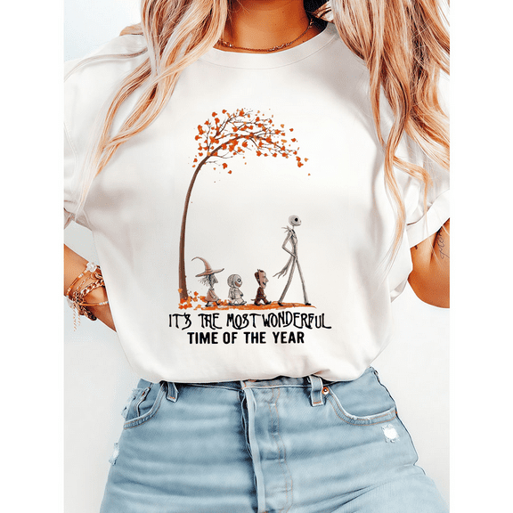 It's The Most Wonderful Time Of The Year Print T-shirts Vintage Halloween Witchy Graphic Tees Short Sleeve Casual Fall Tops White,S