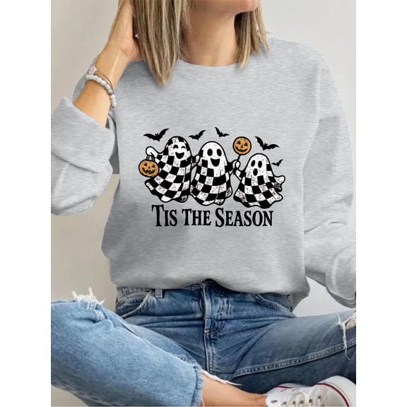 It's The Season Checkered Smiling Ghost Pumpkin Print Halloween Shirt Long Sleeve Shirt For Women