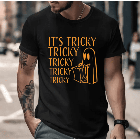 It’s Tricky Cute Ghost Halloween Quote Cartoon Casual Spooky Style Unisex T-Shirt, for men & women, up to size 5XL