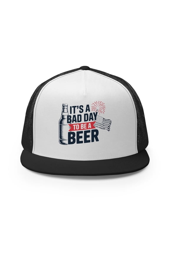 It’s a Bad Day to Be a Beer Trucker Hat – Funny 4th of July Mesh Snapback – Patriotic Flat Bill Cap (Black/ White/ Black)