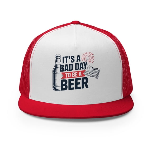 It’s a Bad Day to Be a Beer Trucker Hat – Funny 4th of July Mesh Snapback – Patriotic Flat Bill Cap (Red/ White/ Red)