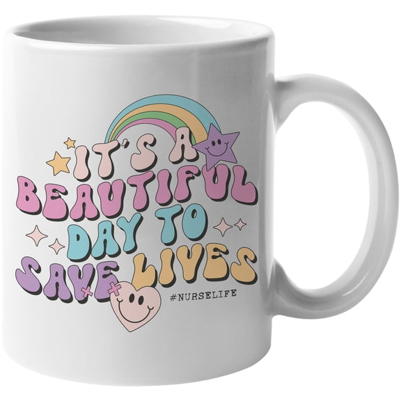 It's a Beautiful Day to Save Lives, 90s Retro Groovy Wavy Text, Nurse Themed Merch Gift, White 11oz Ceramic Mug