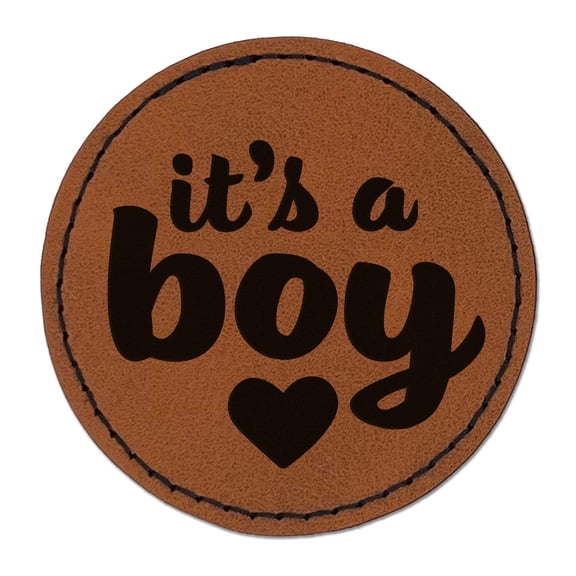 It's a Boy Baby Shower Party 2.5" Faux Leather Round Engraved Iron-On Patch - Brown