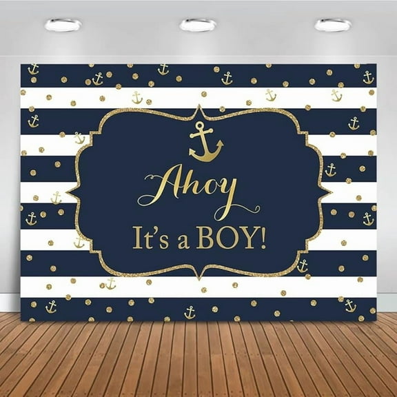 It's a Boy Backdrop Nautical Baby Shower Background Gold and Navy Blue Anchor Baby Shower Party Cake Table Decoration Photo Booth Props