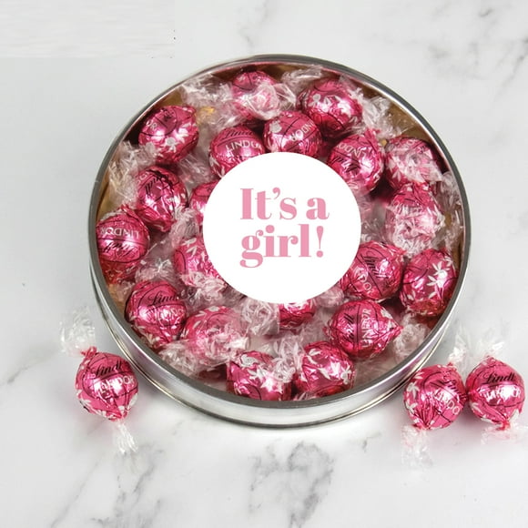 It's a Girl Baby Shower Candy Gift Tin with Chocolate Lindor Truffles by Lindt Large Plastic Tin with Sticker - By Just Candy