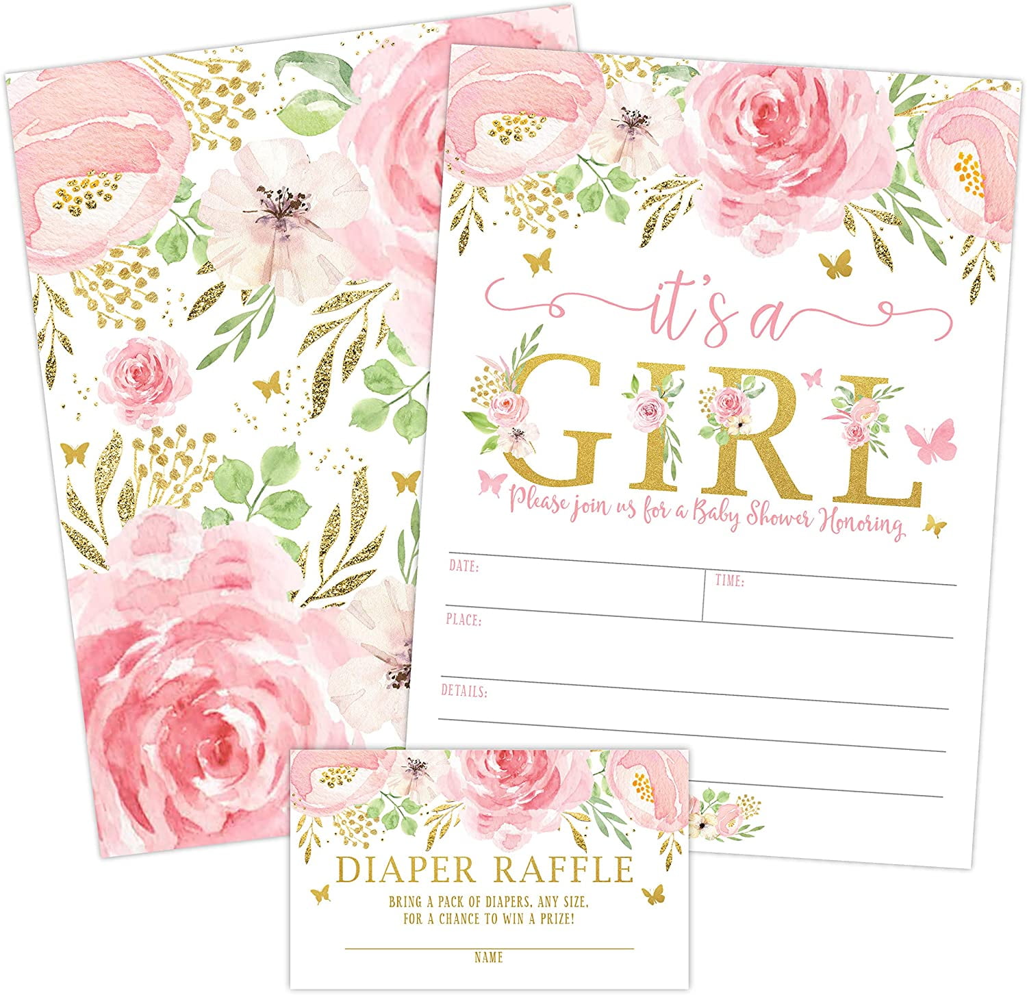 It's a Girl Floral Butterfly Baby Shower Invitation, Pink and Gold Flowers Sprinkle  Invites with Diaper Raffle Ticket Cards, 20 Count with Envelopes -  Walmart.com, image size:1500x1453