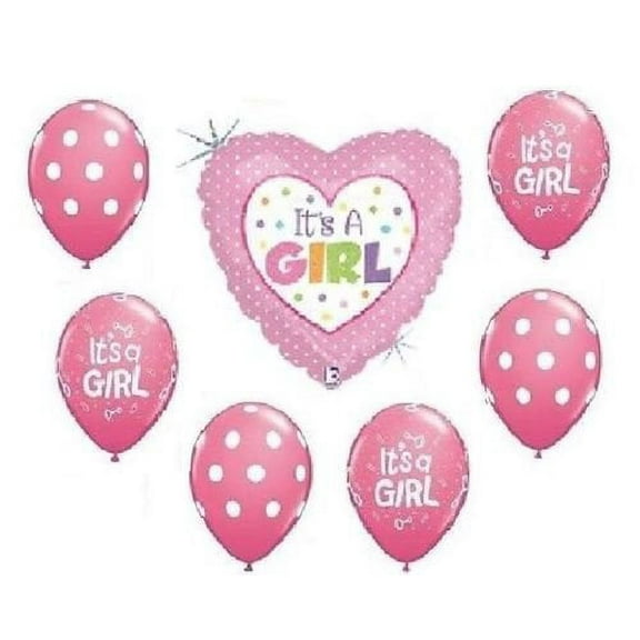 It's a Girl Heart Pink Polka Dots 7 Baby Shower Party Mylar Latex Balloons Set
