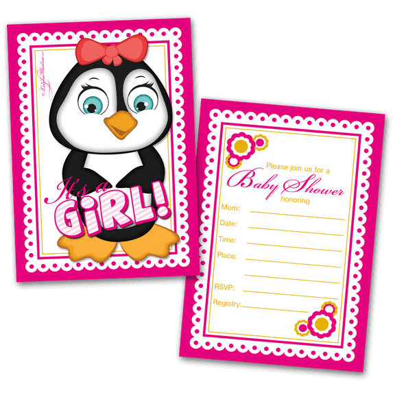 "It's a Girl" Penguin Baby Shower Invitations, 20 Cards & 20 Envelopes
