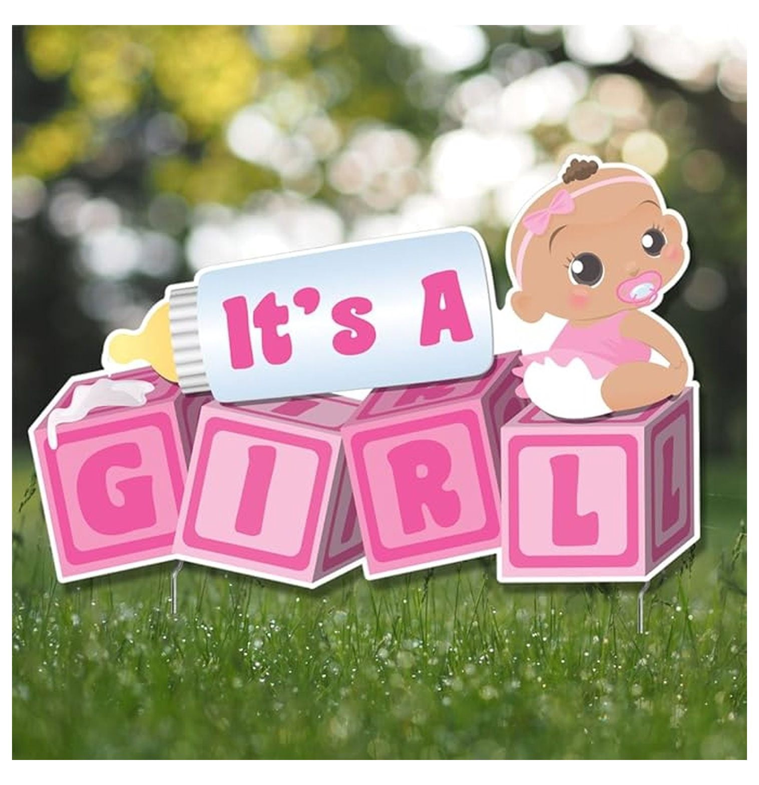 It's a Girl Yard Sign - Baby Announcement Lawn Decor, 32.5"x21", Coroplast, Dark Skin Tone, New Baby Shower Outdoor Decorations