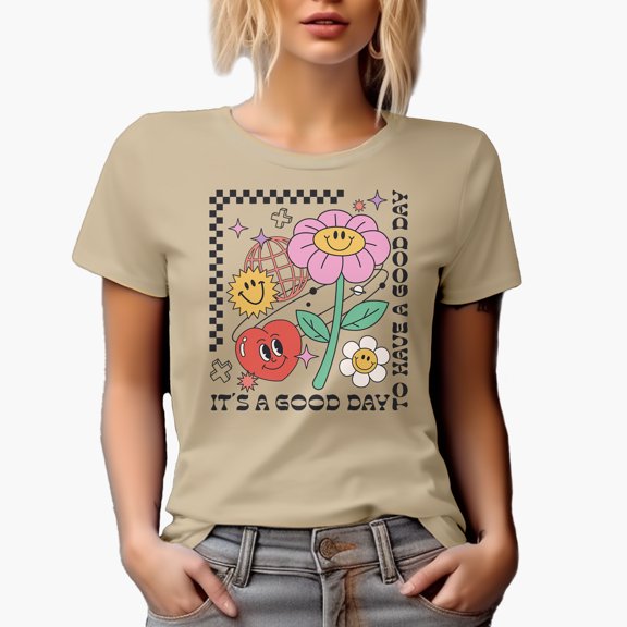 It's a Good Day to Have a Good Day with Retro Smiling Faces Art Merch Gift, Tan T-Shirt, Medium