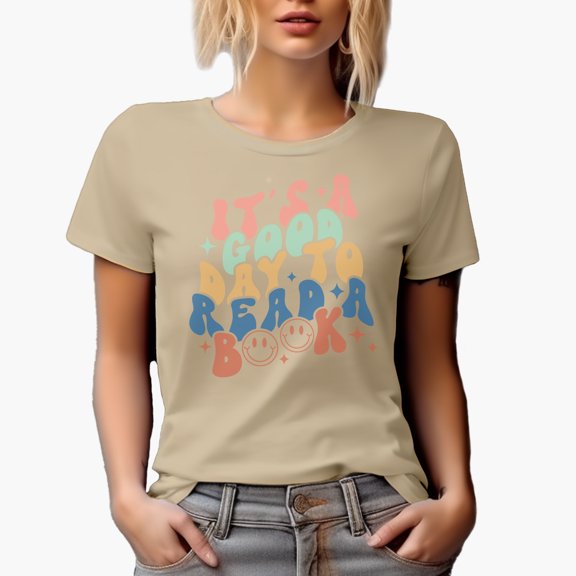It's a Good Day to Read a Book, Retro Groovy Wavy Text Art Merch Gift, Tan T-Shirt, Medium