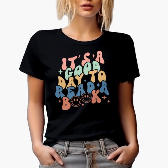 It's a Good Day to Read a Book, Retro Groovy Wavy Text, Black T-Shirt, Large