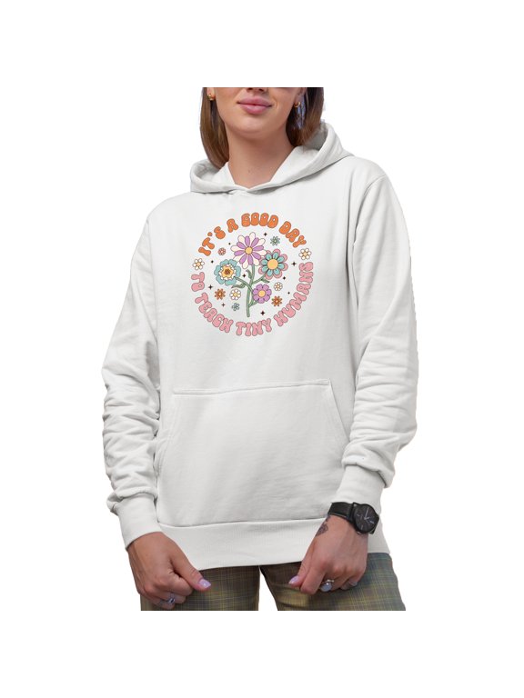 It's a Good Day to Teach Tiny Humans, Retro Groovy Text & Teacher Themed Merch Gift, White Hooded Sweatshirt or Hoodie, Small