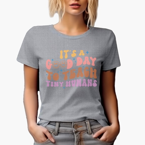 It's a Good Day to Teach Tiny Humans, Retro Groovy Wavy Text Art, Teacher Merch Gift, Heather Grey T-Shirt, Medium