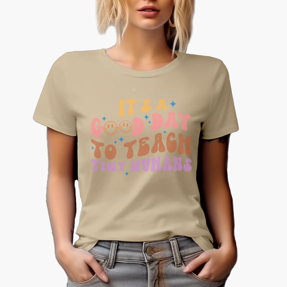 It's a Good Day to Teach Tiny Humans, Retro Groovy Wavy Text Art, Teacher Merch Gift, Tan T-Shirt, Medium