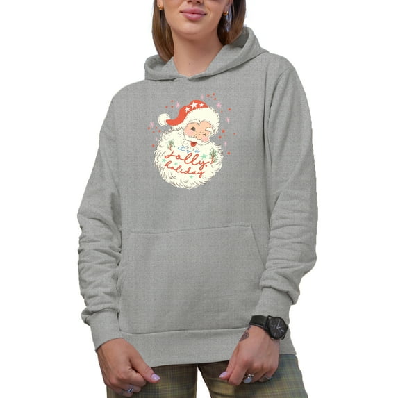 It's a Jolly Holiday with a Winking Santa, Christmas Art Merch Gift, Heather Grey Hooded Sweatshirt or Hoodie, 2XL