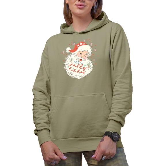 It's a Jolly Holiday with a Winking Santa, Christmas Art Merch Gift, Sand Hooded Sweatshirt or Hoodie, XL