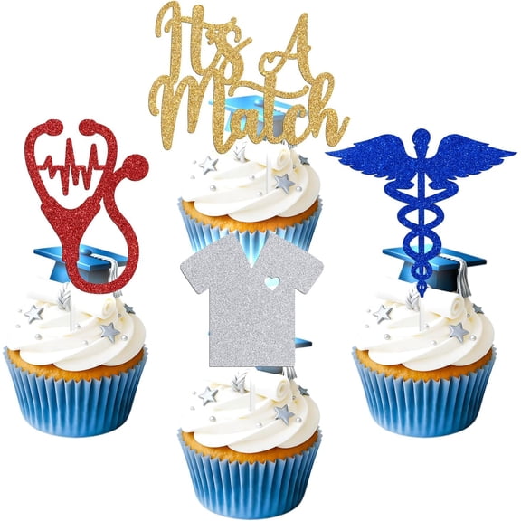It's a Match Cupcake Toppers, Medical Theme Party Decorations, Glitter Gold Silver Red Blue, 12 Count
