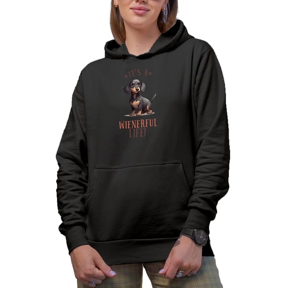 It's a Wienerful Life, Cute Wiener or Dachshund Dog Art Merch Gift, Black Hooded Sweatshirt or Hoodie, XL