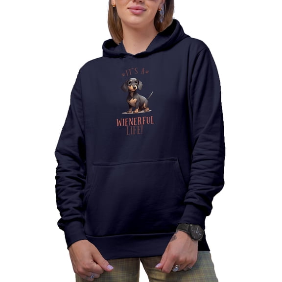 It's a Wienerful Life, Cute Wiener or Dachshund Dog Art Merch Gift, Navy Blue Hooded Sweatshirt or Hoodie, Small