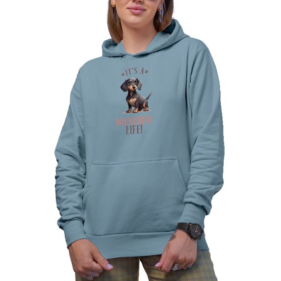 It's a Wienerful Life with a Cute Wiener or Dachshund Dog Art Merch Gift, Light Blue Hooded Sweatshirt or Hoodie, Large