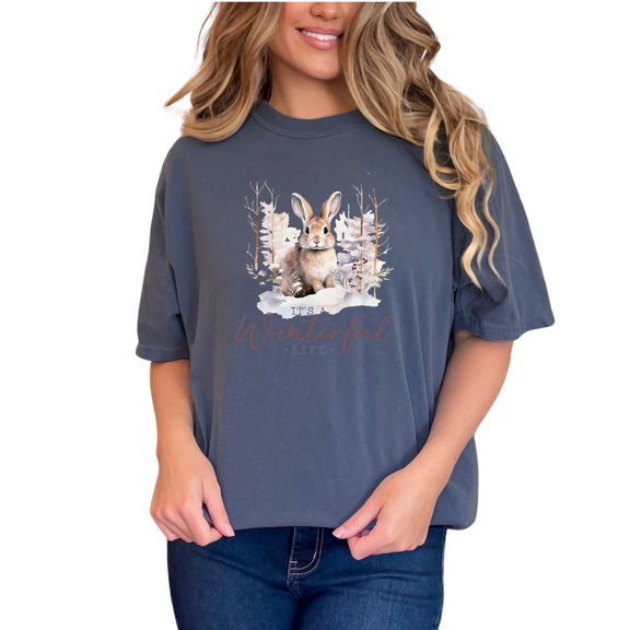 It's a Winterful Life, Rabbit in Winter Art, Denim Comfort Colors T-Shirt, XL
