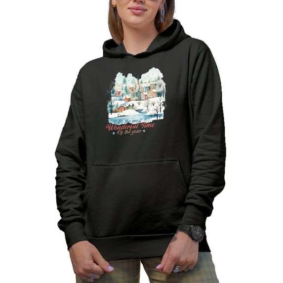 It's the Most Wonderful Time of the Year, Watercolor Winter Village Art Merch Gift, Black Hooded Sweatshirt or Hoodie, 3XL