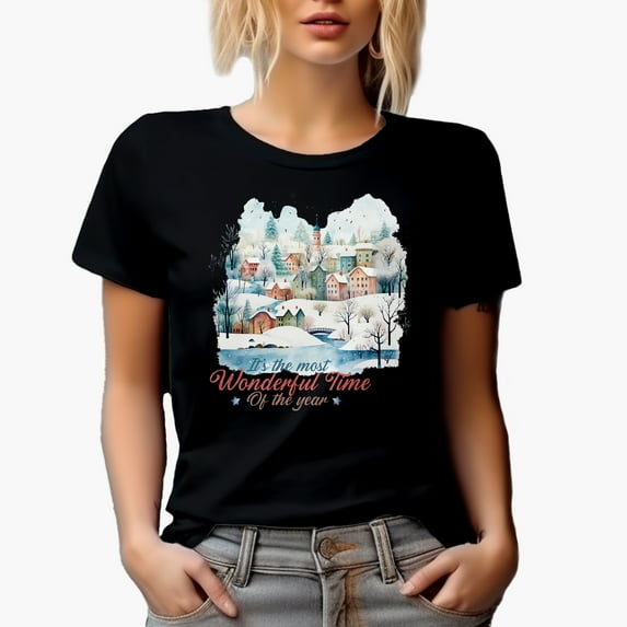 It's the Most Wonderful Time of the Year, Watercolor Winter Village Art Merch Gift, Black T-Shirt, Small