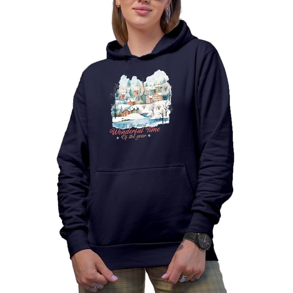 It's the Most Wonderful Time of the Year, Watercolor Winter Village Art Merch Gift, Navy Blue Hooded Sweatshirt or Hoodie, Small