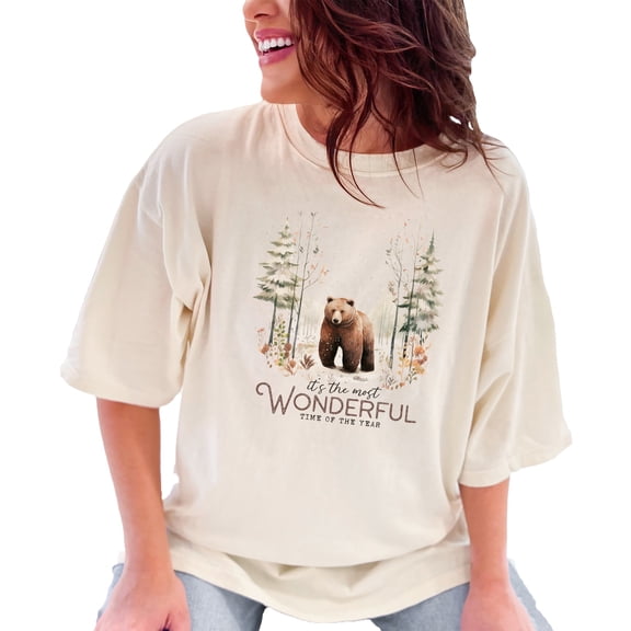 It's the Most Wonderful Time of the Year with Watercolor Winter Art & Bear, Ivory Comfort Colors T-Shirt, XL