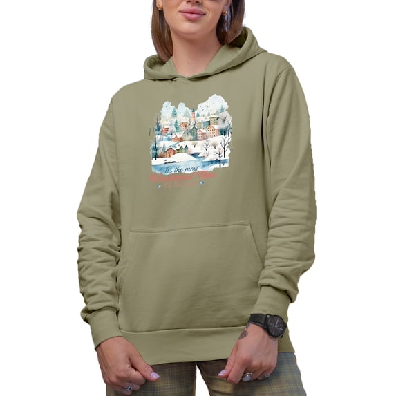 It's the Most Wonderful Timeof the Year, Watercolor Winter Village Scenery Art Merch Gift, Sand Hooded Sweatshirt or Hoodie, Small