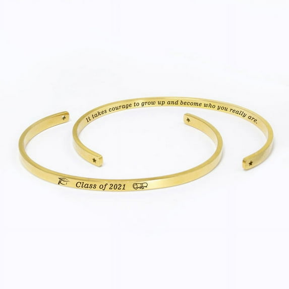 "It takes courage to grow up…" Gold Stainless Steel Graduation Theme Hidden Message Gift for Her Cuff Bracelet with Gift Set