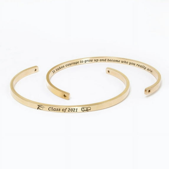 "It takes courage to grow up…" Rose Gold Stainless Steel Graduation Theme Hidden Message Gift for Her Cuff Bracelet with Gift Set