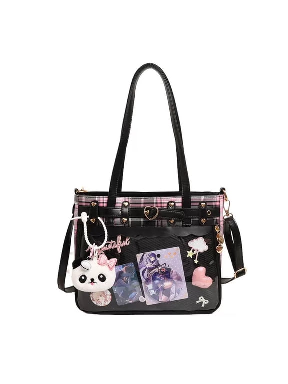 Ita Bag for Anime Cosplay and Convention, Large Capacity Plaid Tote Bag with Display Window and Double Shoulder Straps, Pink PU Leather Medium Size for Daily Otaku Fashion and Display