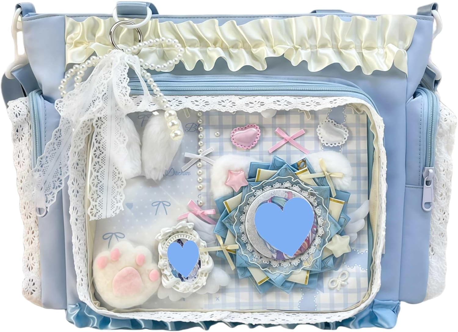 Ita Bag Kawaii, Borsa a Tracolla con Finestra Trasparente per Display Anime, Borsa Crossbody con Volant in Pizzo, Multi Tasche Y2K per Cosplay e Uso Quotidiano