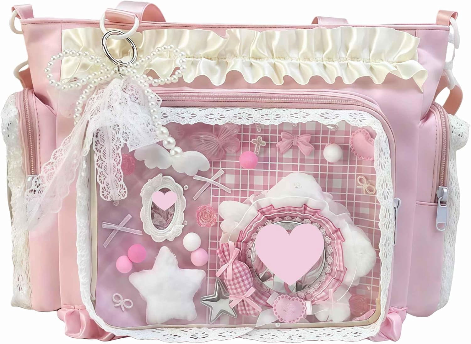Ita Bag Kawaii, Borsa a Tracolla con Finestra Trasparente per Display Anime, Borsa Crossbody con Volant in Pizzo, Multi Tasche Y2K per Cosplay e Uso Quotidiano